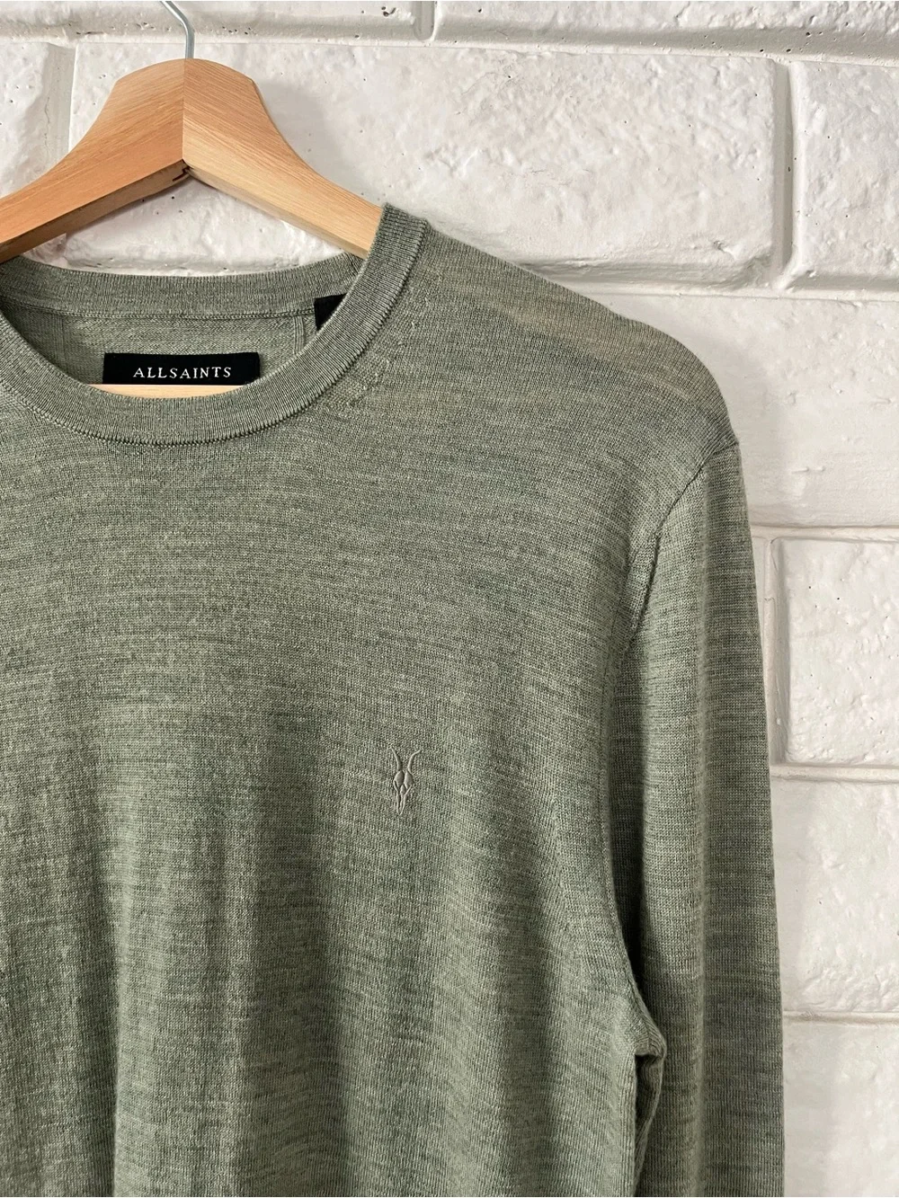 ALLSAINTS Wool Sweater Men’s Medium Mode Merino Crew Neck Ramskull Jumper Green